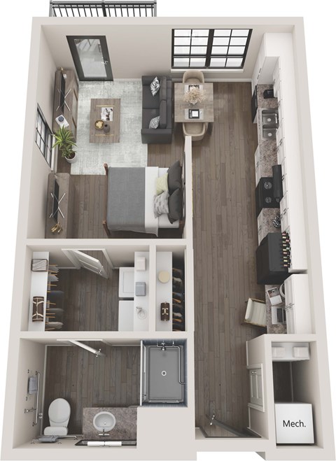 A top-down view of a small apartment with a kitchen, living room, and bathroom.